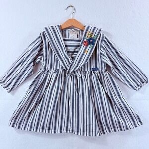 Esprit Sailor Dress Girls 4T‎ Blue White Stripe Floral Nautical Vtg Denim 90s